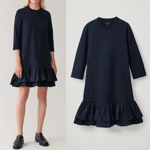 COS Navy Cotton Knitted 3/4 Sleeve Dress w Pleated Ruffle Hem Size L